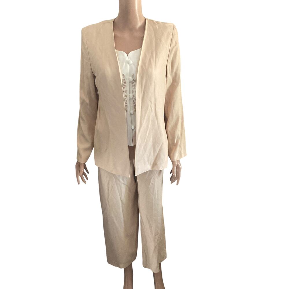 Vintage DJ Summers 2 Piece Cropped Pant Set Womens 12P Beige Embroidered